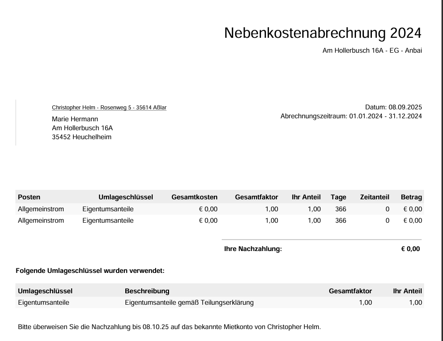 Generate Nebenkostenabrechnung online.